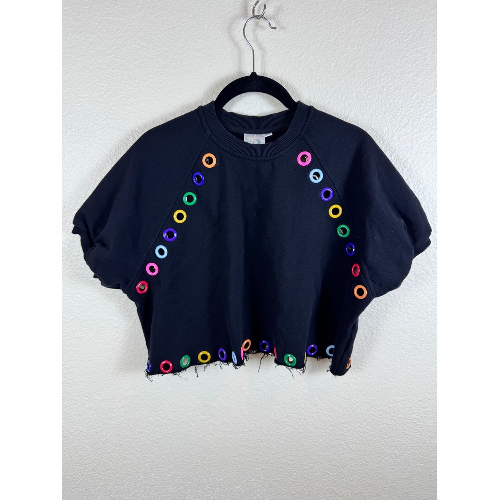 Queen of Sparkles Black Sweatshirt Womens XS Rainbow Grommet Cropped Raw Hem